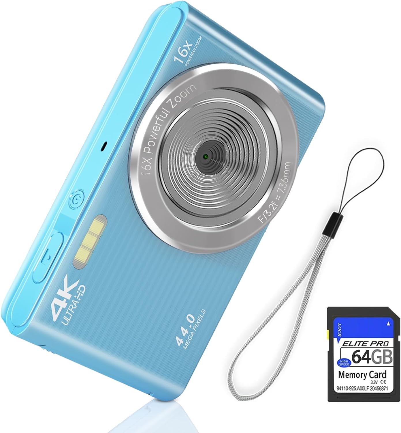 FHD 4K 44MP Digital Camera for Kids Video Camera with 64GB SD Card 16X Digital Zoom, Compact Point and Shoot Camera Portable for Kids 4K YouTube Camera (Blue)-0