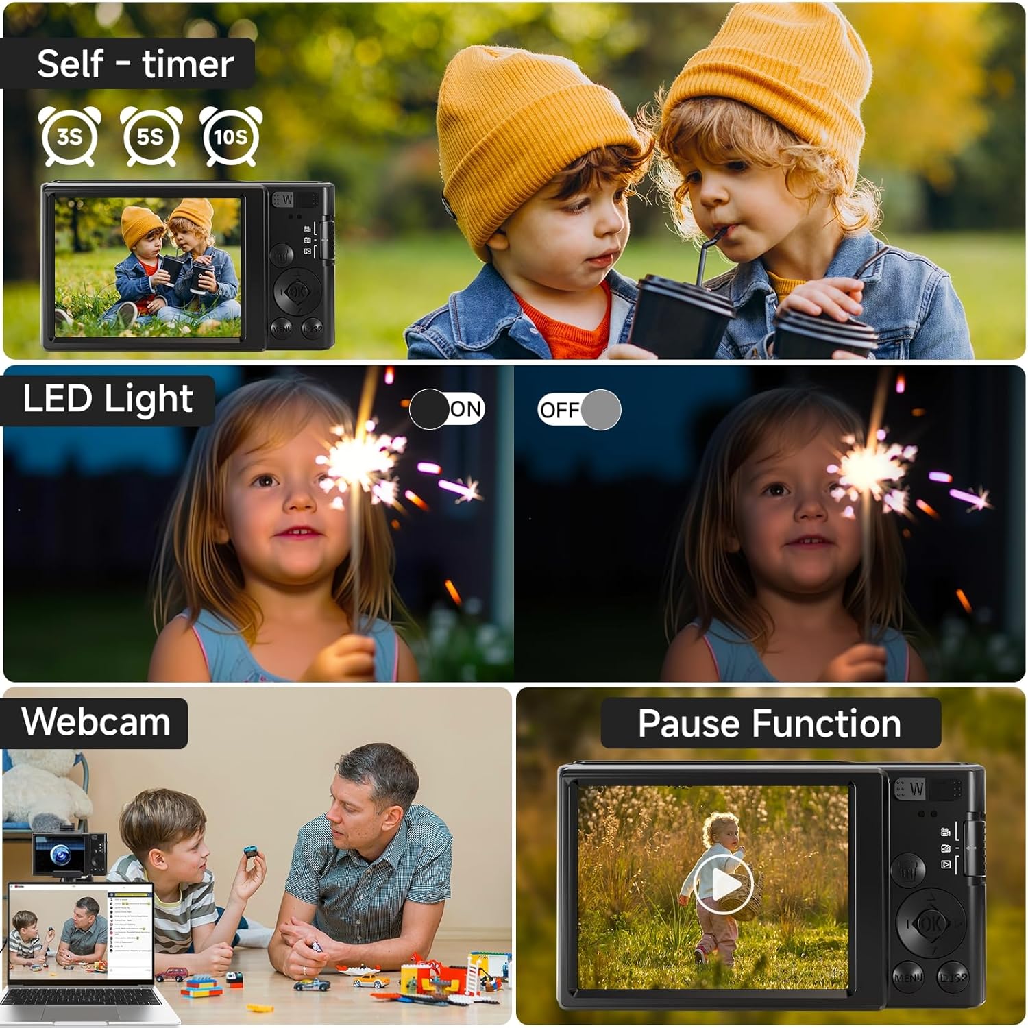 Digital Camera, FHD 1080P 44MP Digital Camera for Kids Video Camera with 64GB SD Card 16X Digital Zoom, Compact Point and Shoot Camera Portable for Kids Boys Girls Teens Students Seniors (Black)-2