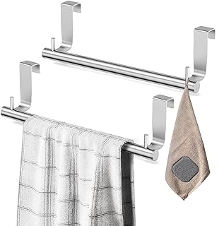 VEHHE Kitchen Towel Holder 2-Piece, 2 Hooks, EVA Foam Protective Mats, 9-Inch Stainless Steel Over The Door Towel Rack (Silver)