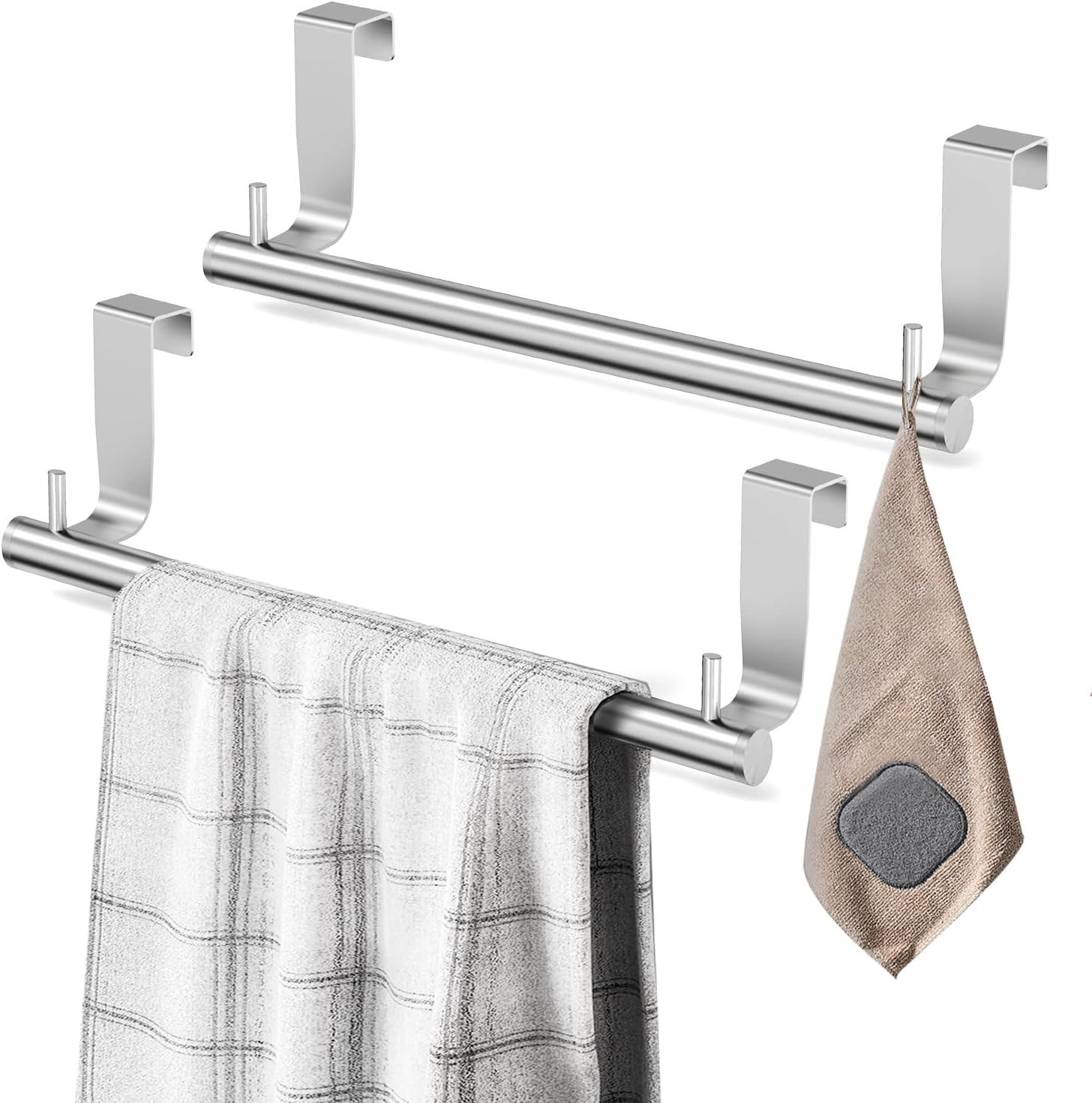 VEHHE Kitchen Towel Holder 2-Piece, 2 Hooks, EVA Foam Protective Mats, 9-Inch Stainless Steel Over The Door Towel Rack (Silver)-0