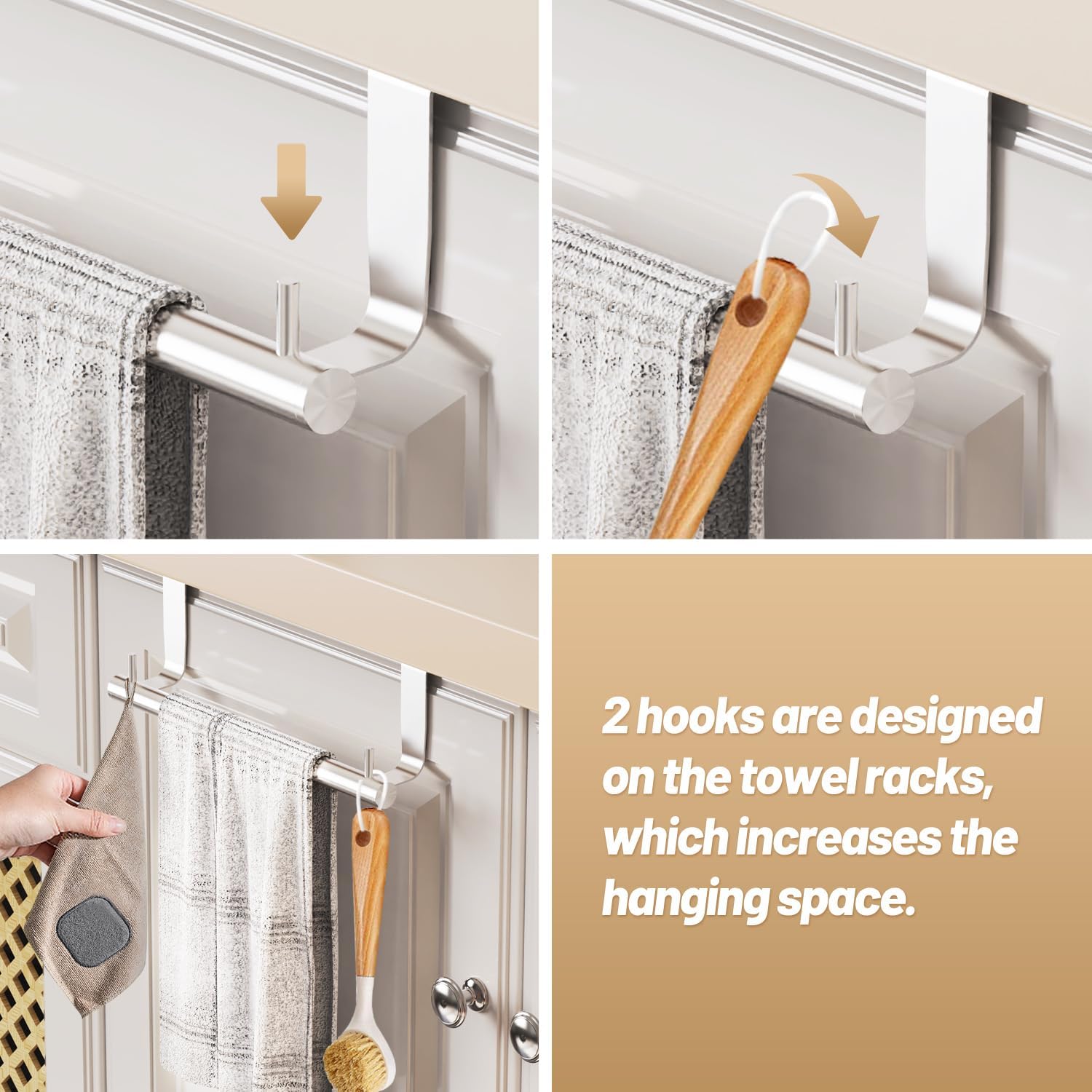 VEHHE Kitchen Towel Holder 2-Piece, 2 Hooks, EVA Foam Protective Mats, 9-Inch Stainless Steel Over The Door Towel Rack (Silver)-1