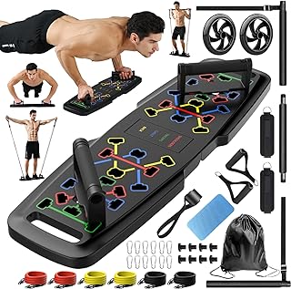 Push Up Board,Home Gym,Portable Exercise Equipment,Pilates Bar & 20 Fitness Accessories with Resistance Bands & Ab Roller Wheel,Full Body Workout at Home.