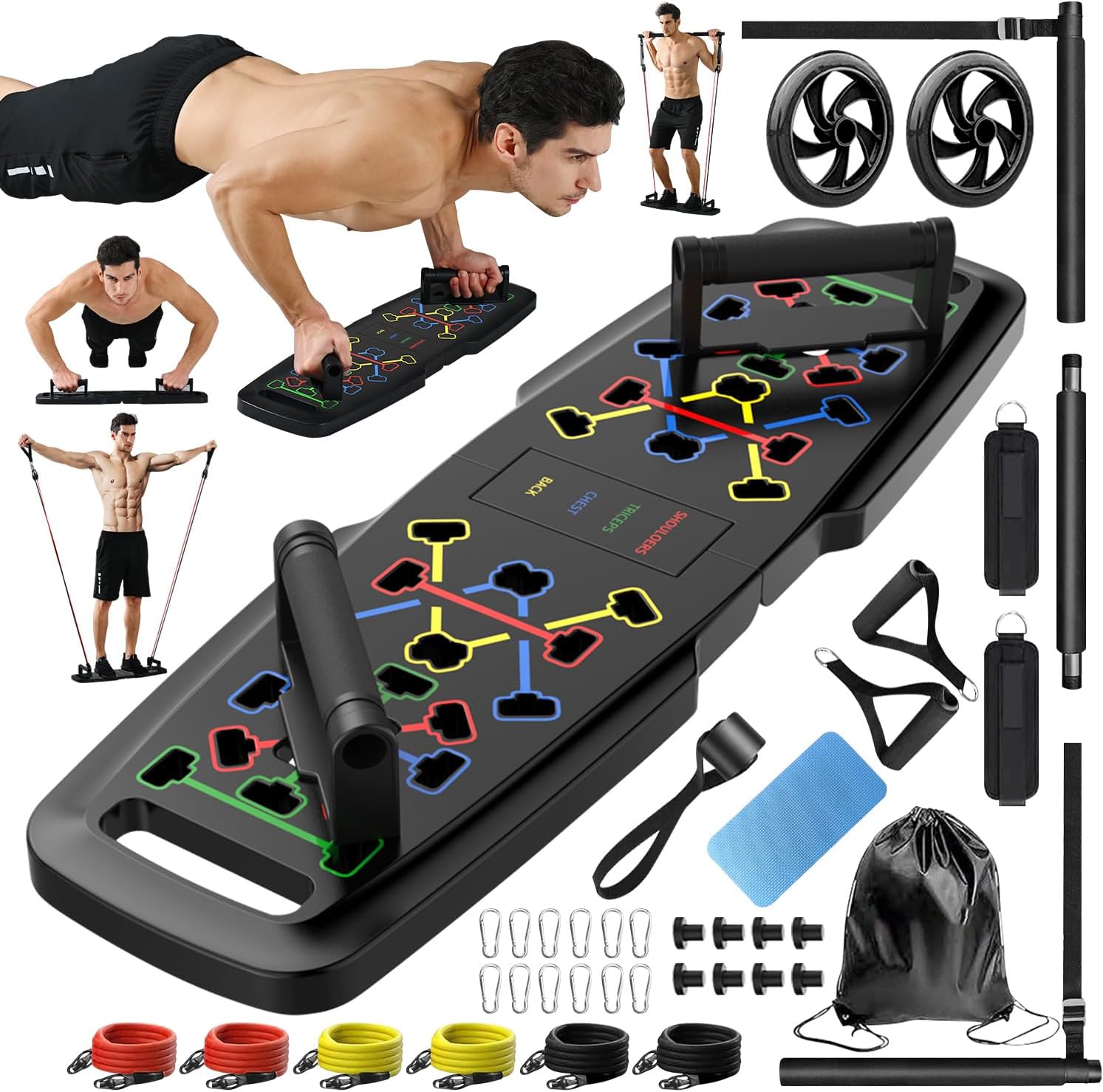 Push Up Board,Home Gym,Portable Exercise Equipment,Pilates Bar & 20 Fitness Accessories with Resistance Bands & Ab Roller Wheel,Full Body Workout at Home.-0