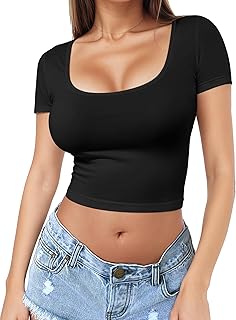 Short Sleeve Square Neck Crop Top for Women Soft Workout Shirt Going Out Tops Sexy Slim Fitted Casual Base Layer Lightweight