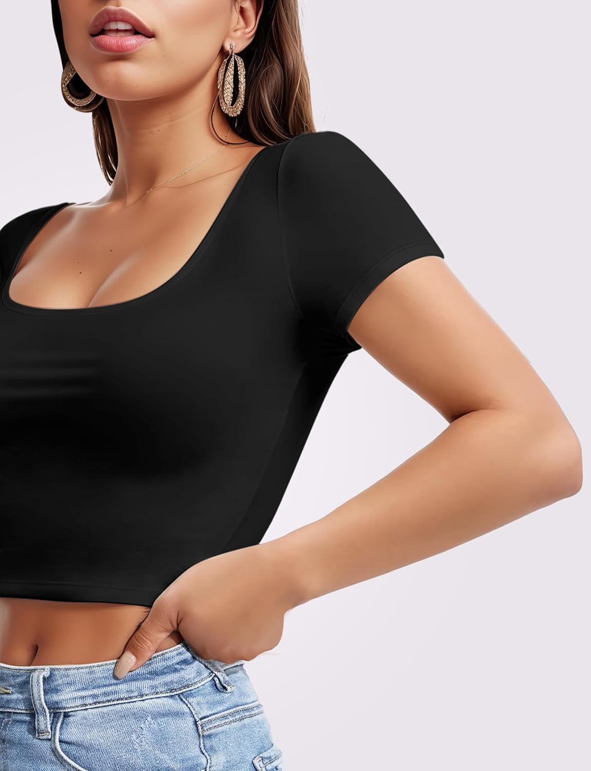 Short Sleeve Square Neck Crop Top for Women Soft Workout Shirt Going Out Tops Sexy Slim Fitted Casual Base Layer Lightweight-1