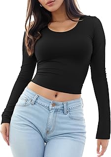 Womens Long Sleeve Crop Top Scoop Neck Sexy Slim Fitted Casual Base Layer Lightweight Soft Workout Shirt Going Out Tops