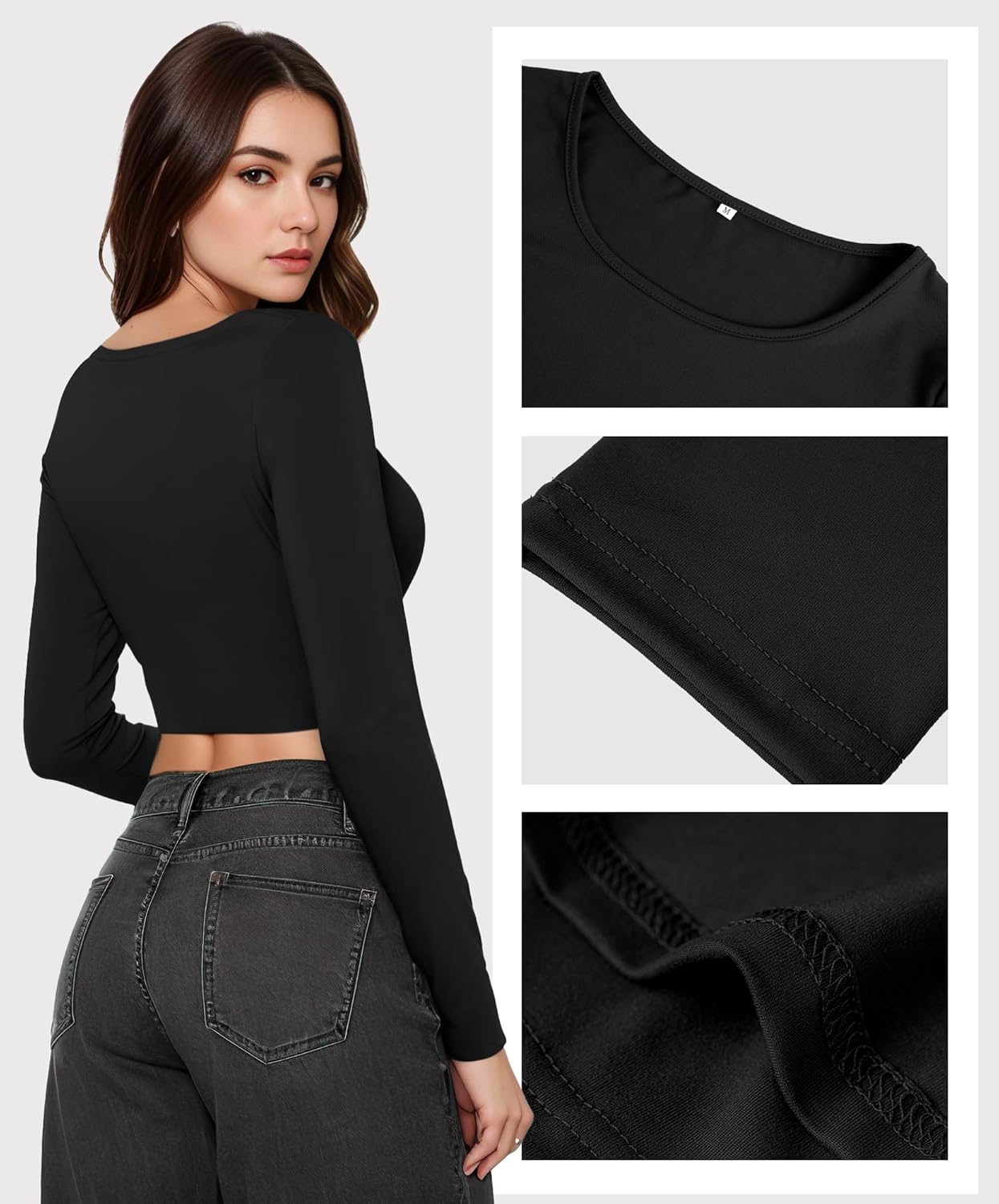 Womens Long Sleeve Crop Top Scoop Neck Sexy Slim Fitted Casual Base Layer Lightweight Soft Workout Shirt Going Out Tops-2