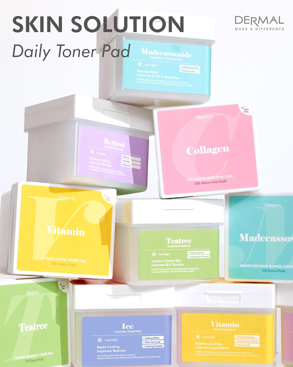 DERMAL Collagen Moistfull Pad - Korean Toner Pad for Elasticity & Wrinkle Improvement with Peptides - Vegan Tencel Square Pads - High Capacity, 120 Sheets-6