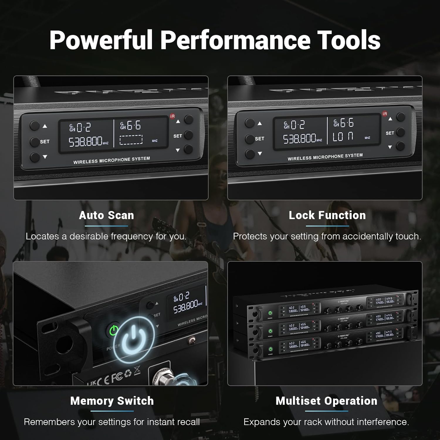 Phenyx Pro 4-Channel Wireless Microphone System w/Auto Scan, 4x40 UHF Frequencies, 2 Handheld Dynamic Mics, 2 Bodypacks & Headsets/Lapel Microphones for Singing, DJ, Church (PTU-7000-2H2B)-5