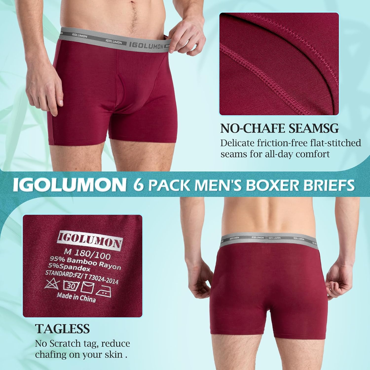 IGOLUMON Mens Underwear, 6 Pack Men's Boxer Briefs Soft Bamboo Rayon Boxers for Men Breathable Underwear Trunks with Fly-3