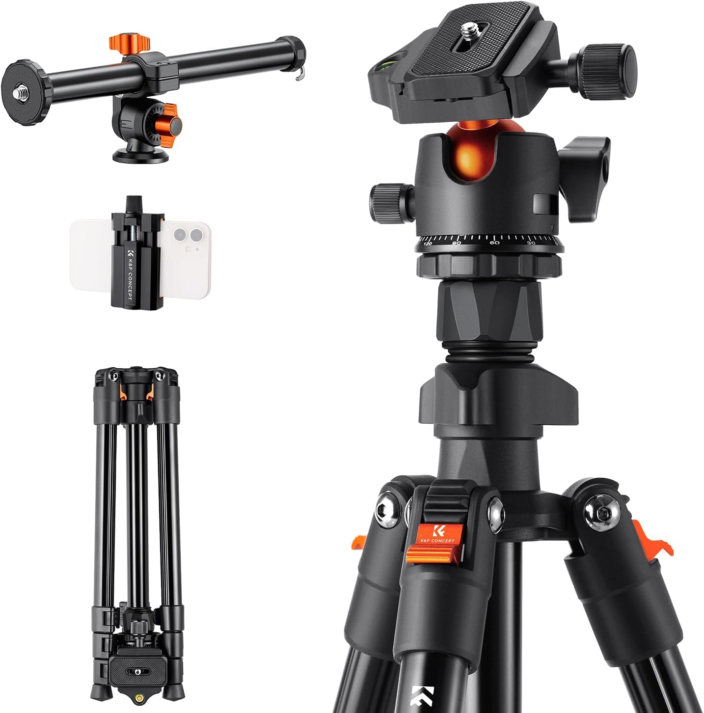 K&F Concept 76 inch Camera Tripod with Rotatable Multi-Angle Center Column,Lightweight Travel Outdoor DSLR Tripods with 360 Degree Ball Head Load Capacity 8kg/17.6lbs, Cellphone Clips for Smartphone-0