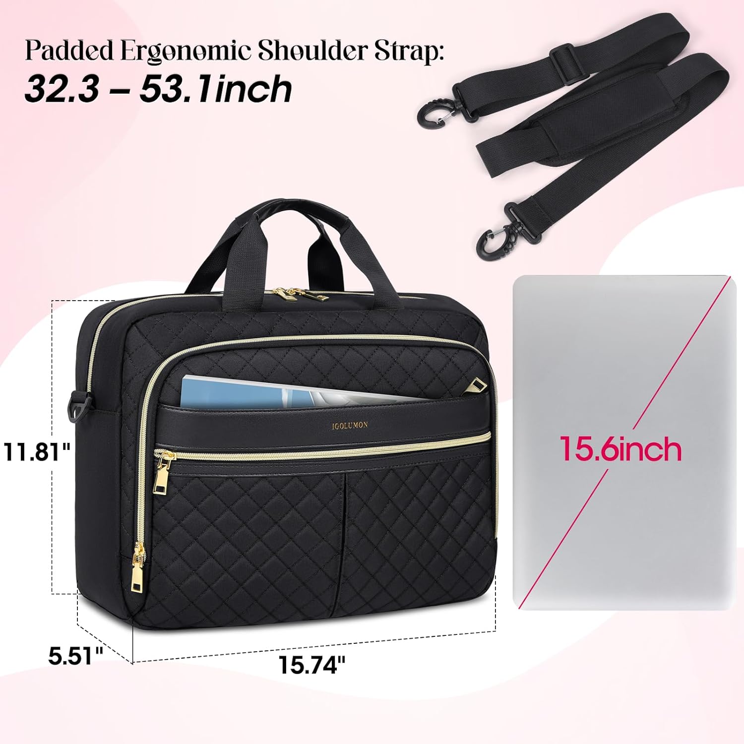 IGOLUMON Laptop Bag 15.6/17.3 Inch Laptop Briefcase for Women Men Waterproof Shoulder Computer Messenger Bag Large Laptop Bag Business Office Work Travel College, Black-7