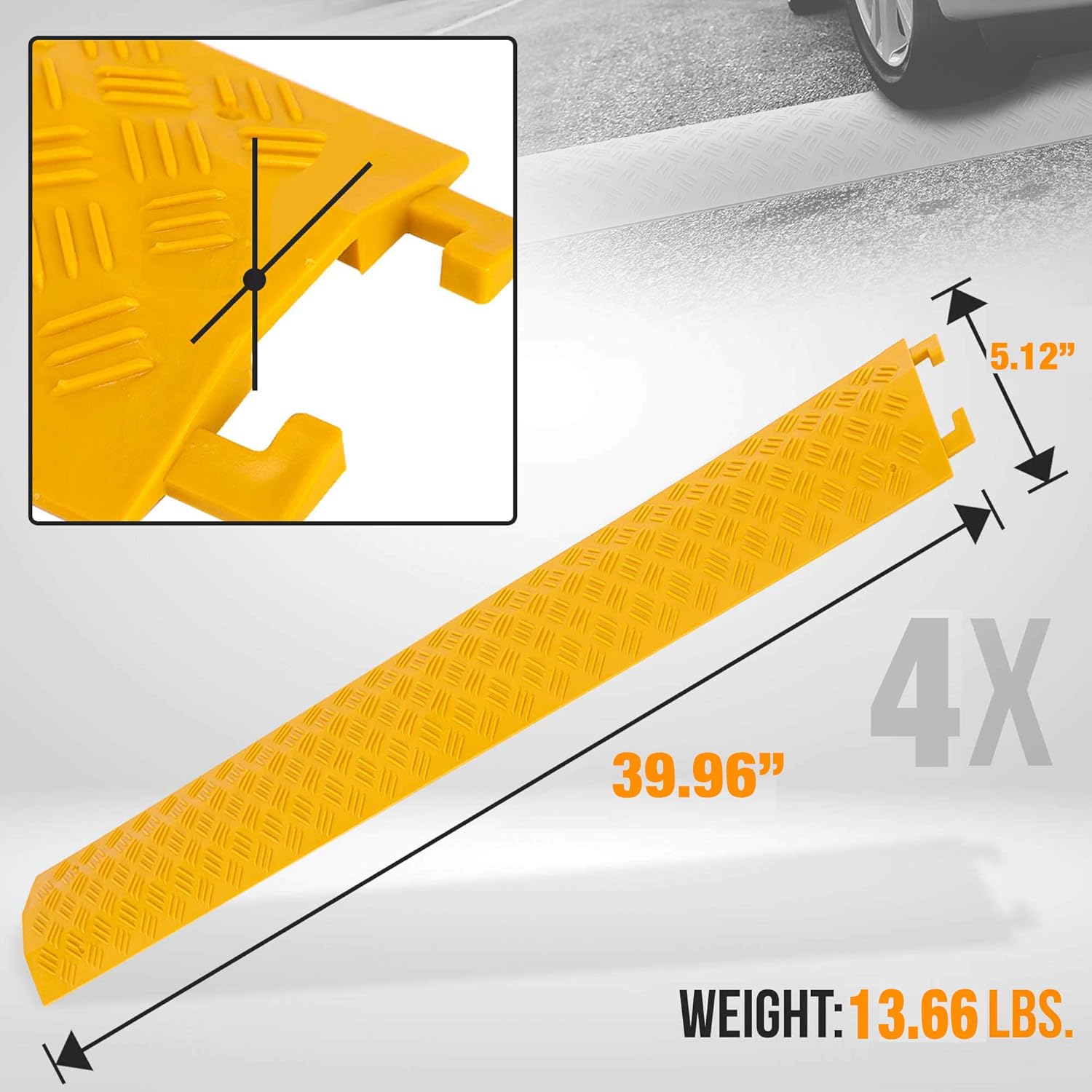 4-Pc Cable Protector Cover Ramp - 1 Channel Heavy Duty Cable Protector, Safely Conceals Wire/Hose/Pipe & Driveway Protective Covering Armor w/High Visibility Yellow Color - Pyle PCBLCO101X4YL.5-5