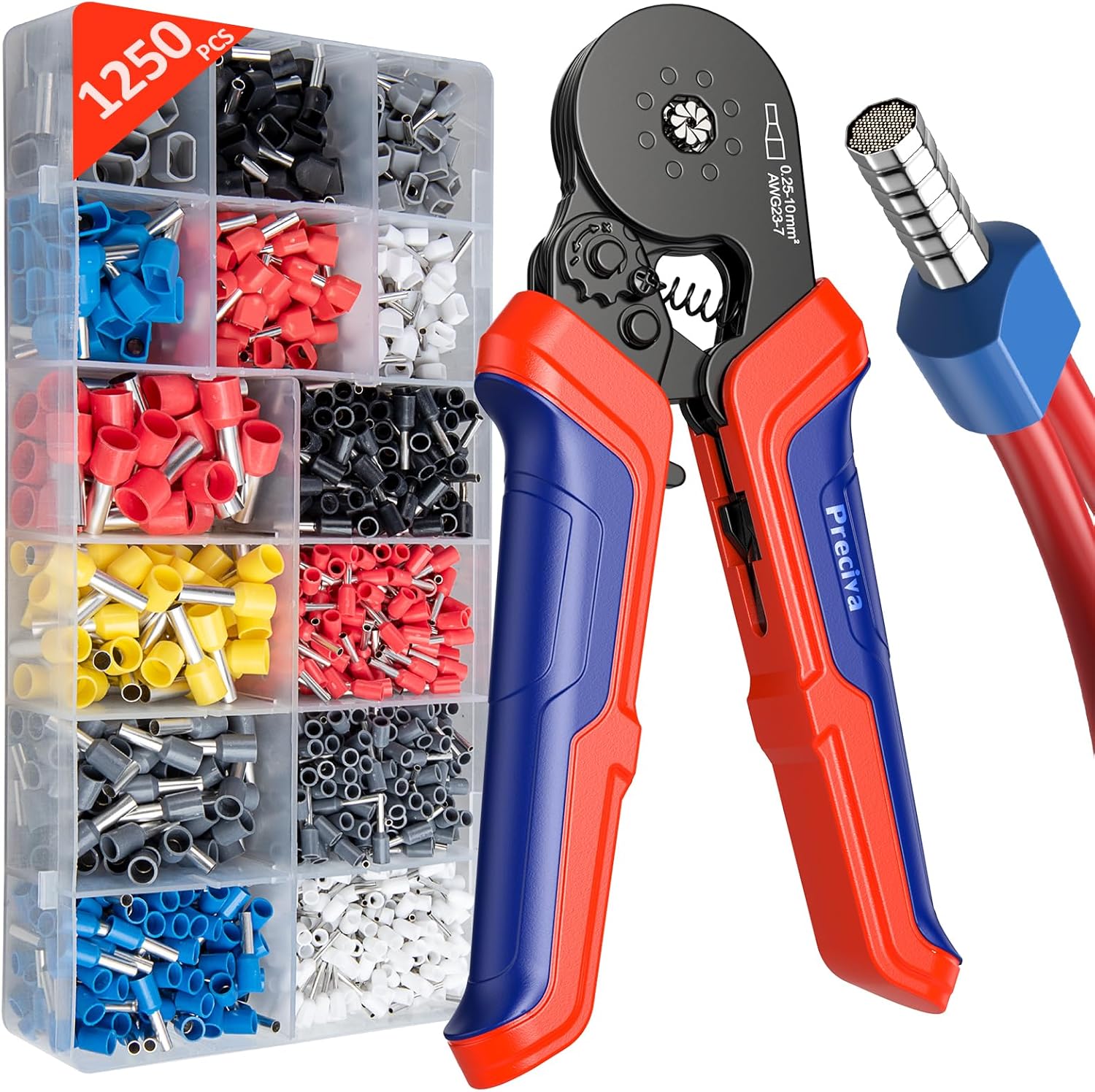 Preciva Ferrule Crimping Tool Kit, Octagonal Crimping Pliers with 1250PCS Single & Twin Ferrules Connectors, Self-Adjustable Ratchet Ferrule Terminals Crimper AWG 23-7-0