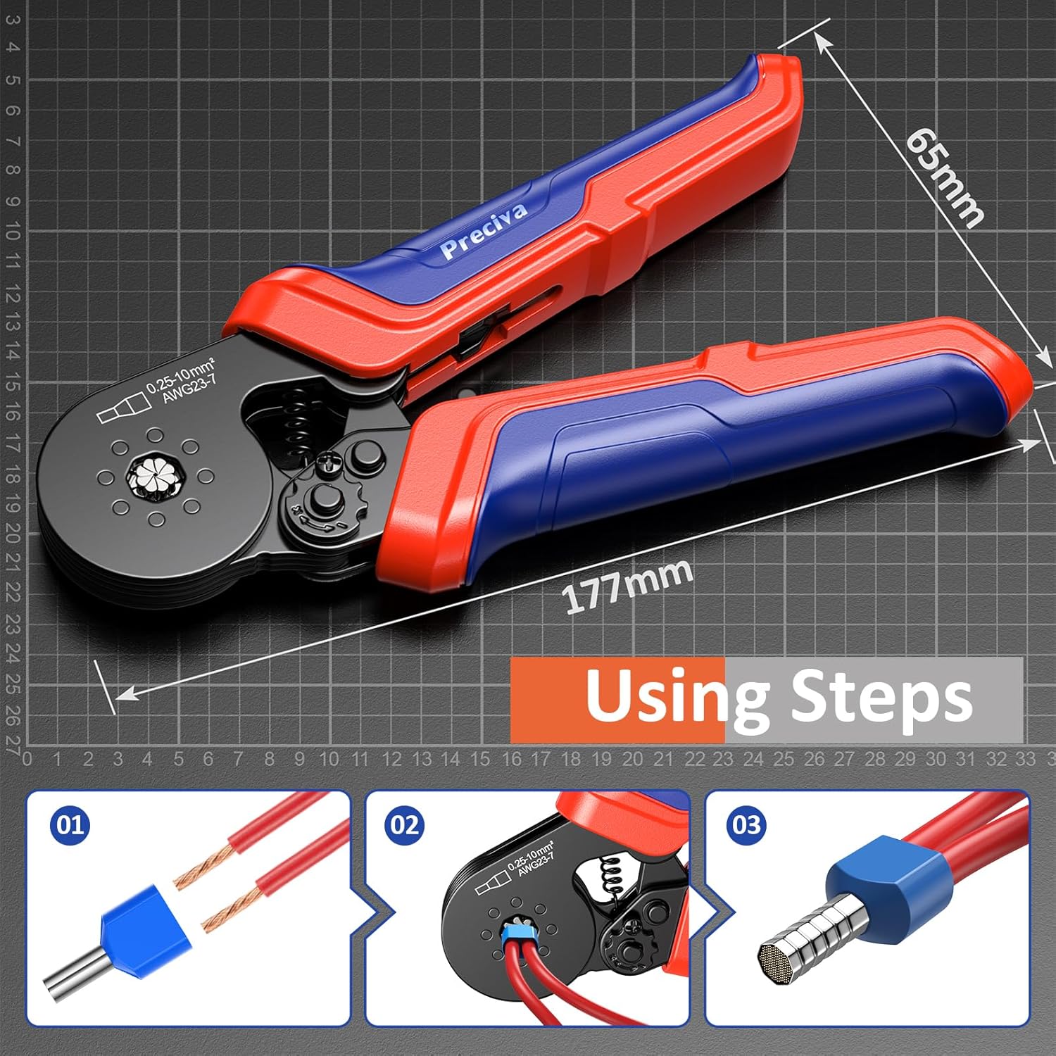 Preciva Ferrule Crimping Tool Kit, Octagonal Crimping Pliers with 1250PCS Single & Twin Ferrules Connectors, Self-Adjustable Ratchet Ferrule Terminals Crimper AWG 23-7-5