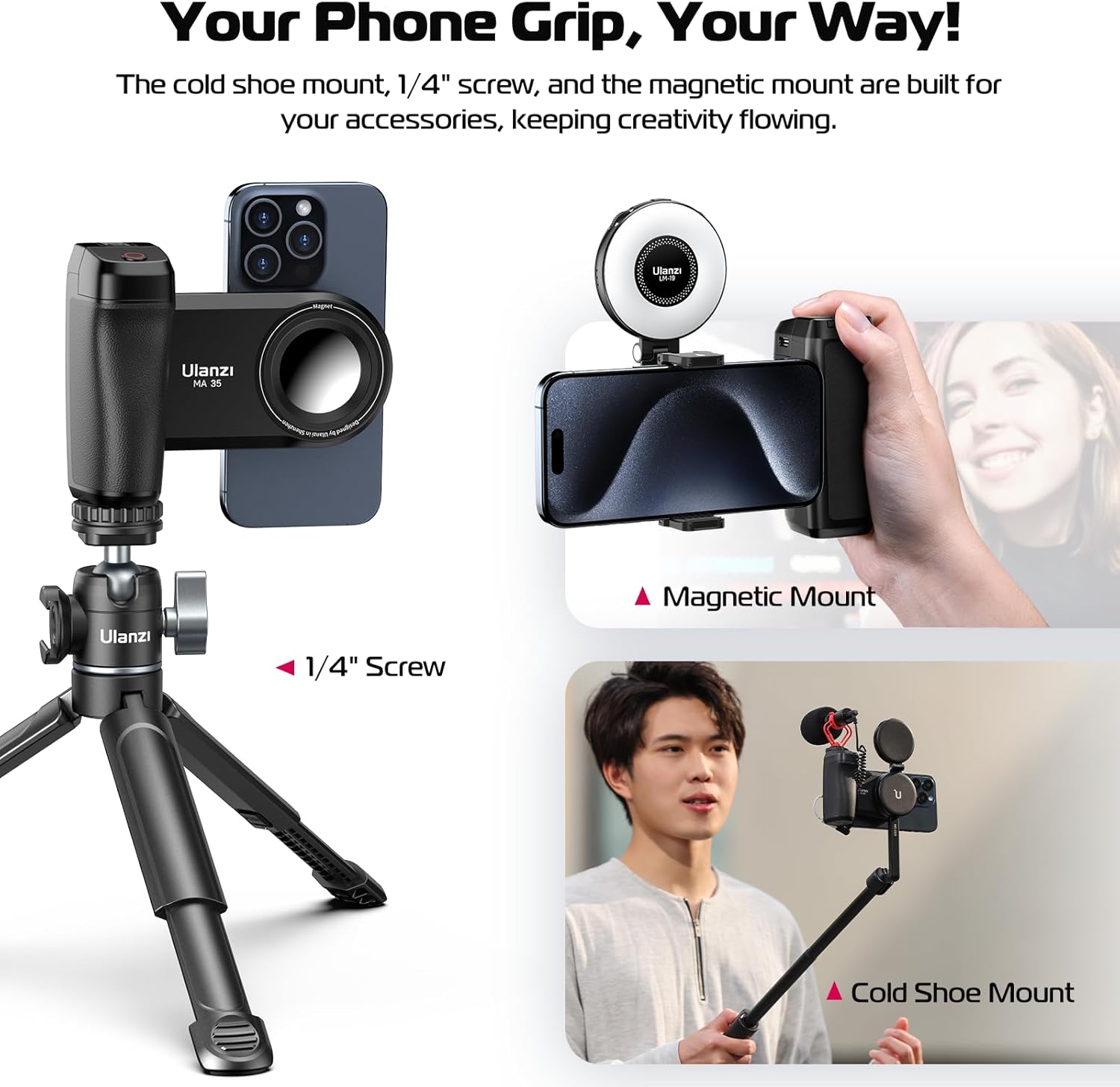 ULANZI Selfie Phone Tripod Mount MA35, 2-in-1 Magnetic & Phone Clip Camera Grip Handle Holder with Detachable Remote Shutter with Cold Shoe Adapter for iPhone 15 16 Samsung Smartphone Video Shooting-4