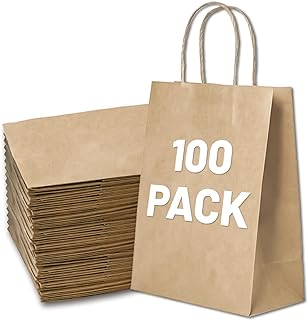 Gift Bags 8.25"X5.9 "X3.15" 100pcs Brown Paper Bags with Handles,Kraft Paper Bags for Small Business Christmas Bulk Bags, Wedding Party Favor Bags,Shopping Lunch Bags, Halloween Trick-or-Treat (Brown)