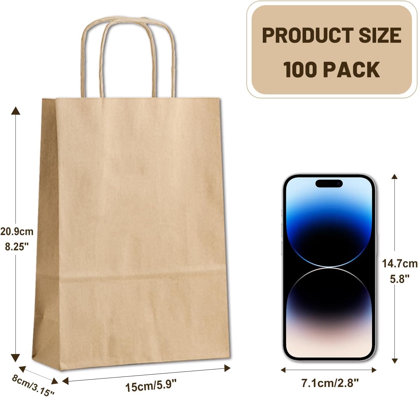 Gift Bags 8.25"X5.9 "X3.15" 100pcs Brown Paper Bags with Handles,Kraft Paper Bags for Small Business Christmas Bulk Bags, Wedding Party Favor Bags,Shopping Lunch Bags, Halloween Trick-or-Treat (Brown)-1