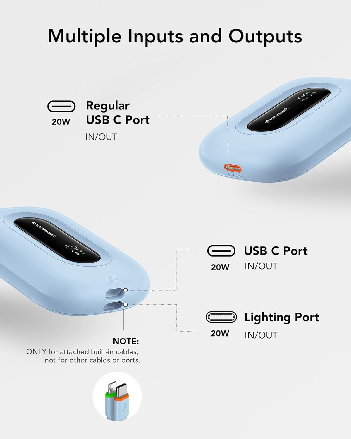 Charmast Small Portable Charger with Built in Cable (Removable), Compact Power Bank 20W Fast Charging, 10000mAh Cute USB C Battery Pack Travel Essentials Compatible with iPhone 15/14/13/12 Samsung-5