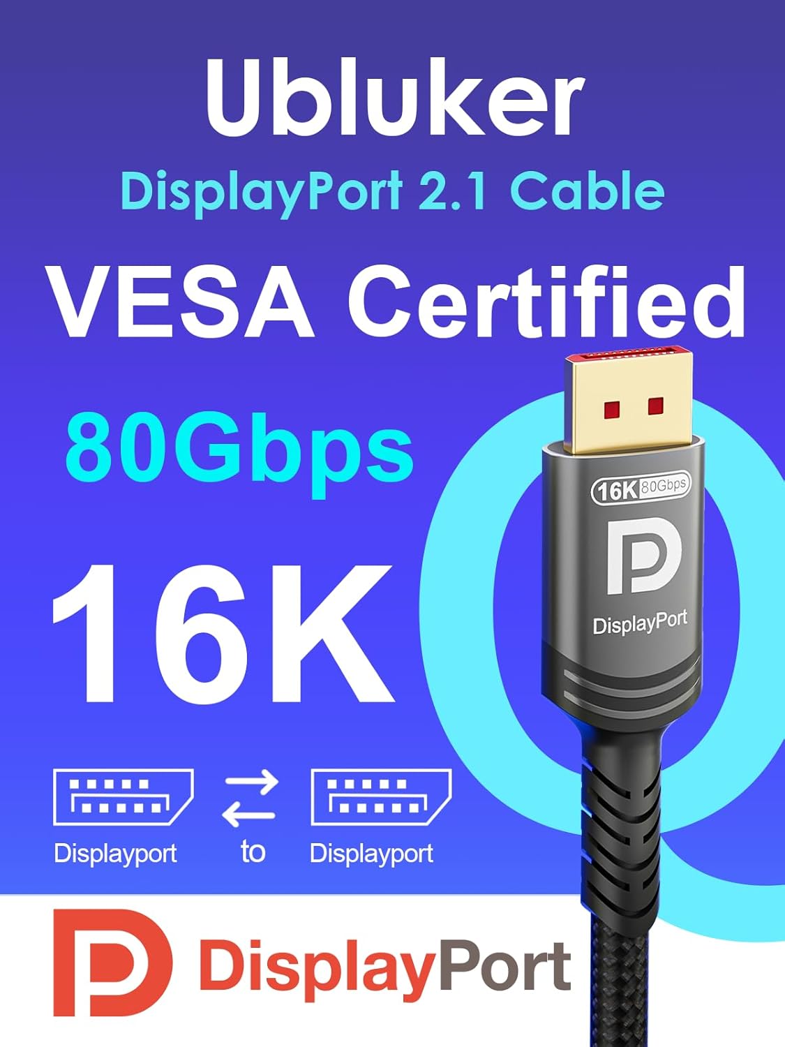 16k 8k DisplayPort 2.1 Cable 80Gbps 6.6 FT, VESA Certified Ultra-high Bit Rate DP Cable UHBR20 HDR10+ DSC1.2a 16k 60Hz 8k 120Hz 4k 240Hz 165Hz PC TV Ryzen7900 FreeSync G-Sync-1