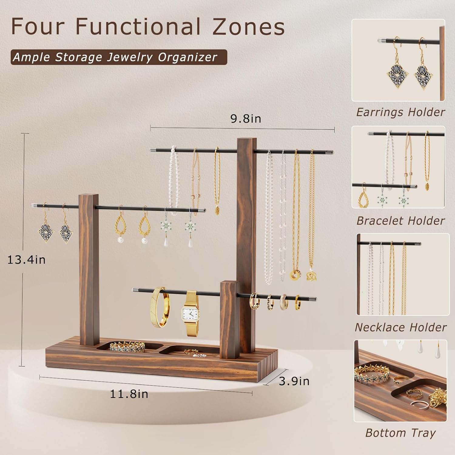 INNOLITES Jewelry Holder, Necklace Holder, 3-Tier Jewelry Organizer Stand Necklace Stand,Bracelet Hanging Organizer, Display Stand for Bangles, Rings, Earrings and Watch-3