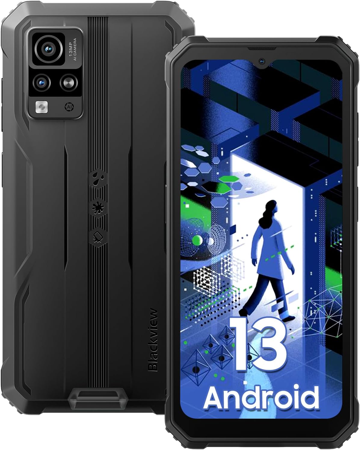 Blackview Phone BV4800, Android 13 4GB+32GB 2TB Expand Rugged Smartphone, 6.56" Incell Screen 5180mAh Rugged Phone, 4G T-Mobile Dual SIM Rugged Smartphone Unlocked, IP69K, 3 Card Slots/Face ID-Black-0