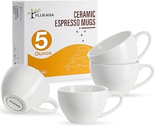 Porcelain Espresso Cups Set of 4, 5 oz Small Coffee Mugs, White Demitasse Cups Perfect for Espresso Machine and Coffee Maker, Microwave Dishwasher Safe Espresso Cups