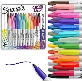 Sharpie Glam Pop Permanent Markers, Fine Tip Marker Set, Coloring Markers, Art Markers, Drawing Markers, Writing Markers, 34 Count