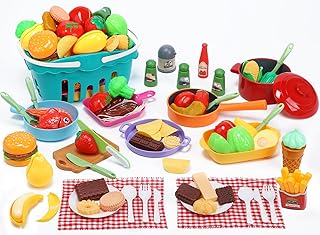 CUTE STONE Cooking Toys for Kids Kitchen Playset, Kids Pots and Pans Set with Play Food and Storage Basket, Play Kitchen Accessories Toys, Toddler Cooking Set, Learning Kitchen Toy Gift for Girls Boys