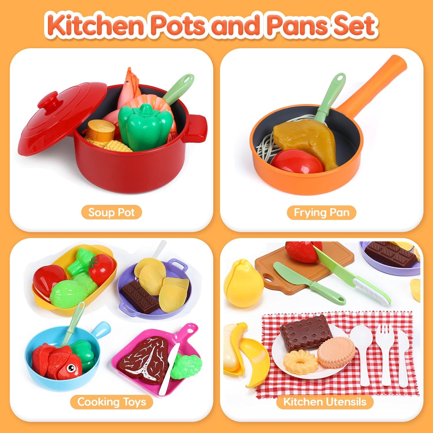 CUTE STONE Cooking Toys for Kids Kitchen Playset, Kids Pots and Pans Set with Play Food and Storage Basket, Play Kitchen Accessories Toys, Toddler Cooking Set, Learning Kitchen Toy Gift for Girls Boys-2