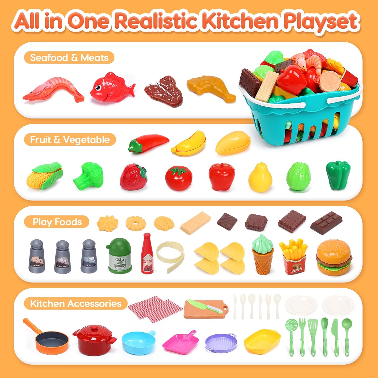 CUTE STONE Cooking Toys for Kids Kitchen Playset, Kids Pots and Pans Set with Play Food and Storage Basket, Play Kitchen Accessories Toys, Toddler Cooking Set, Learning Kitchen Toy Gift for Girls Boys-5