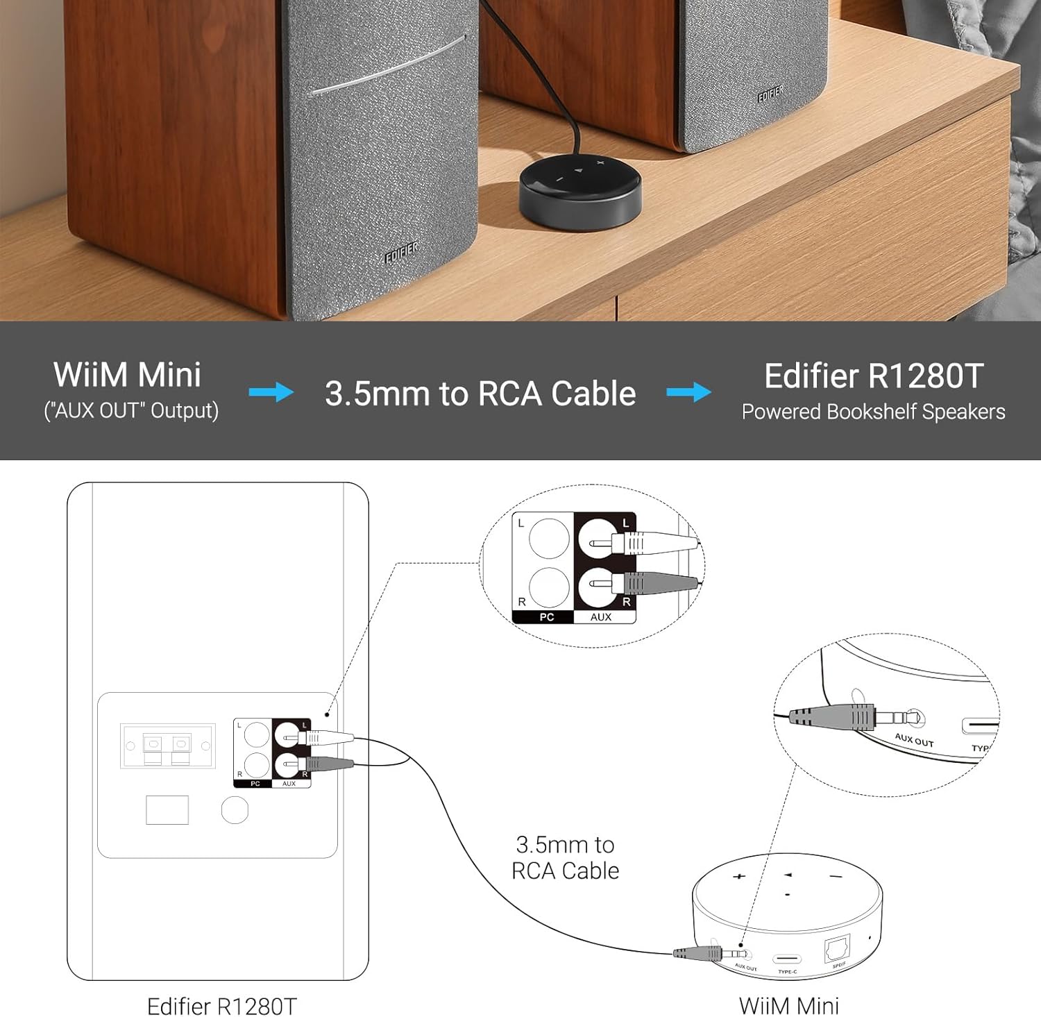 Edifier Powered Bookshelf Speakers R1280T with WiiM Mini AirPlay2 Wireless Wi-Fi Audio Streamer, Stream Hi-Res Audio from Spotify, Amazon Music and More-6