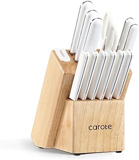 CAROTE 14PCS Kitchen Knife Set with Block, Stainless Steel Blade Knife Block Set, Knife Set with Built-in Sharpener, Razor-Sharp,White