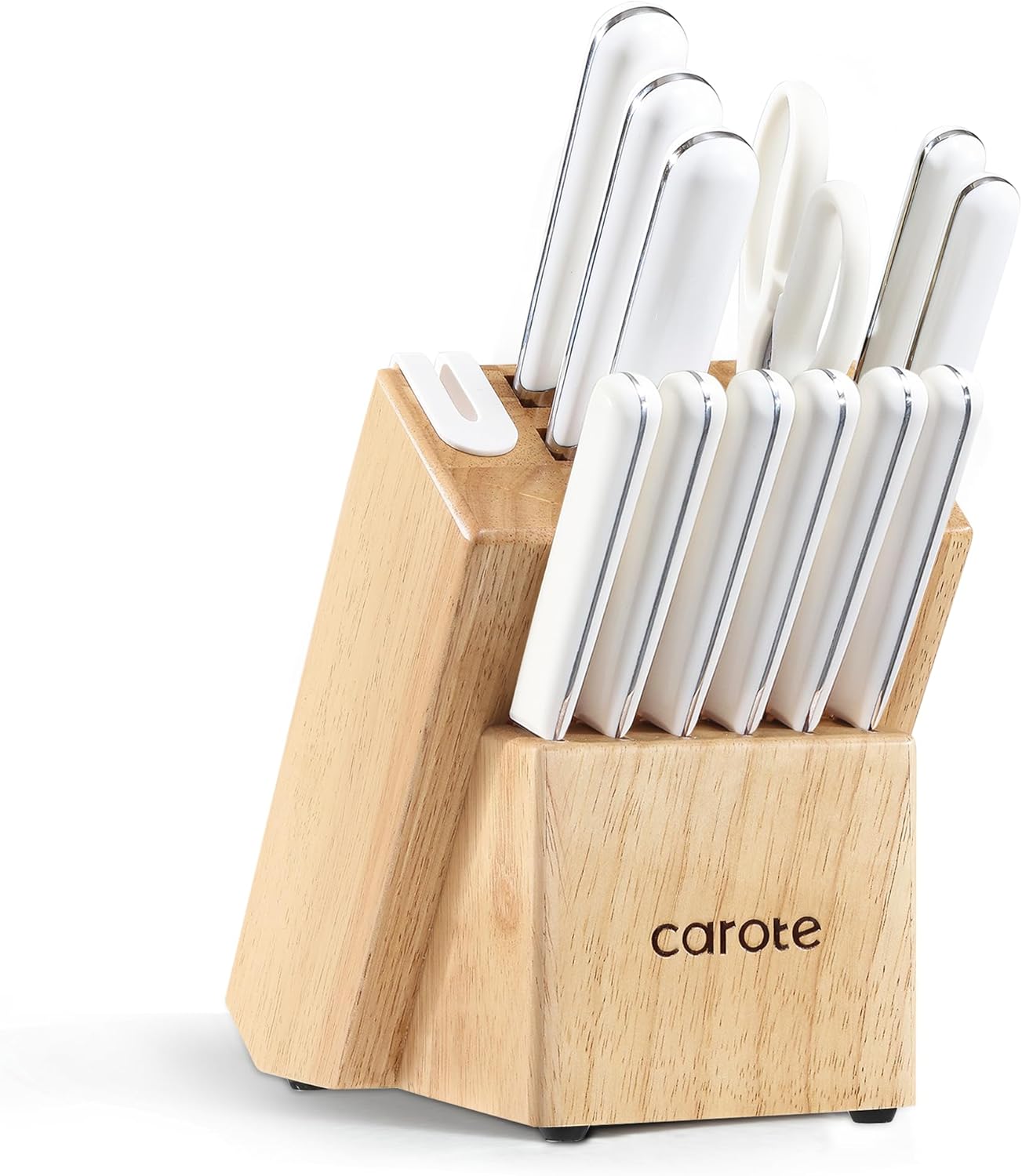 CAROTE 14PCS Kitchen Knife Set with Block, Stainless Steel Blade Knife Block Set, Knife Set with Built-in Sharpener, Razor-Sharp,White-0