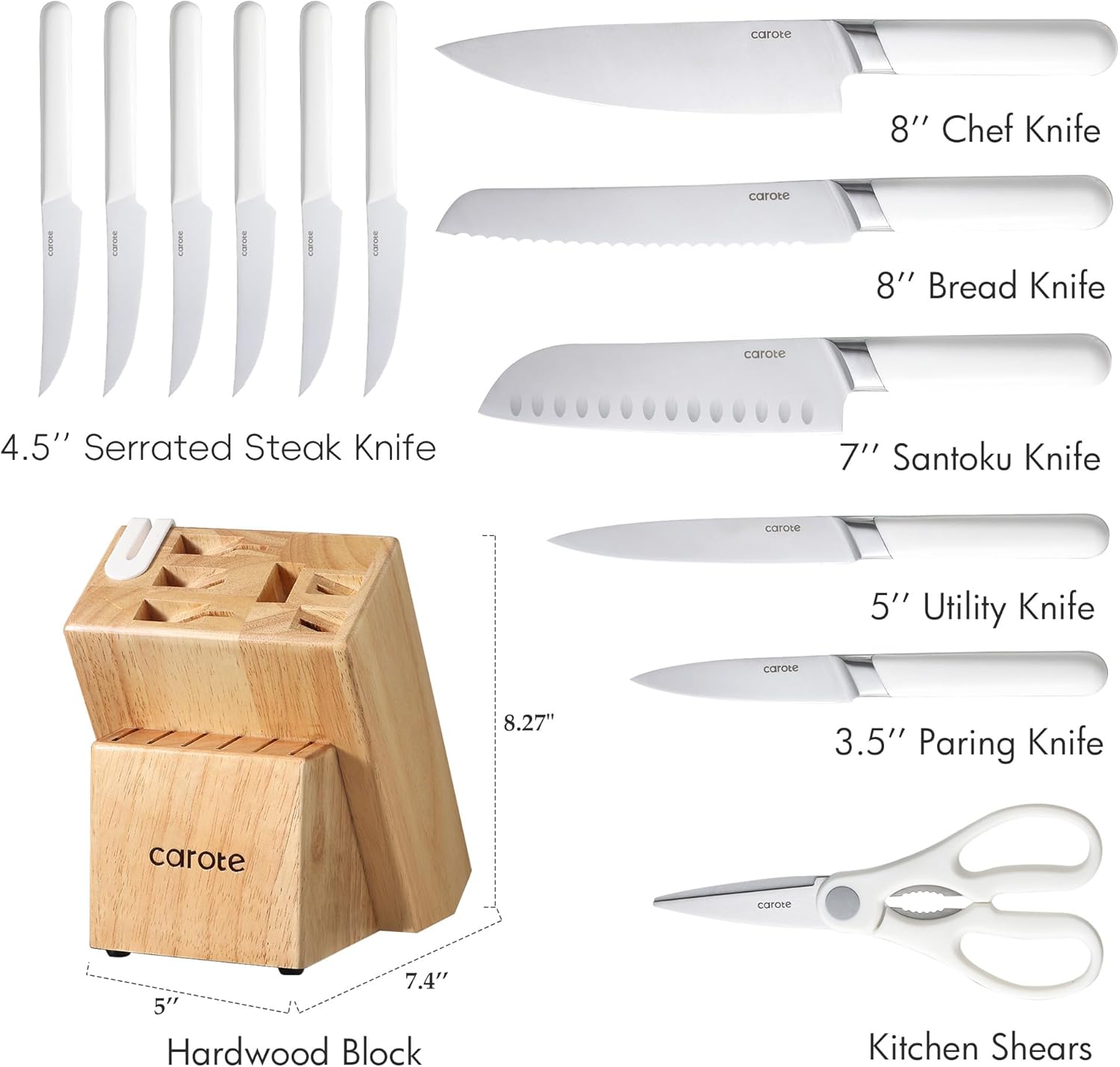 CAROTE 14PCS Kitchen Knife Set with Block, Stainless Steel Blade Knife Block Set, Knife Set with Built-in Sharpener, Razor-Sharp,White-1