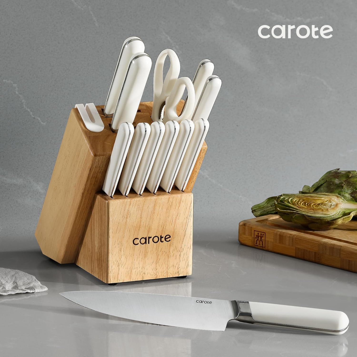 CAROTE 14PCS Kitchen Knife Set with Block, Stainless Steel Blade Knife Block Set, Knife Set with Built-in Sharpener, Razor-Sharp,White-2