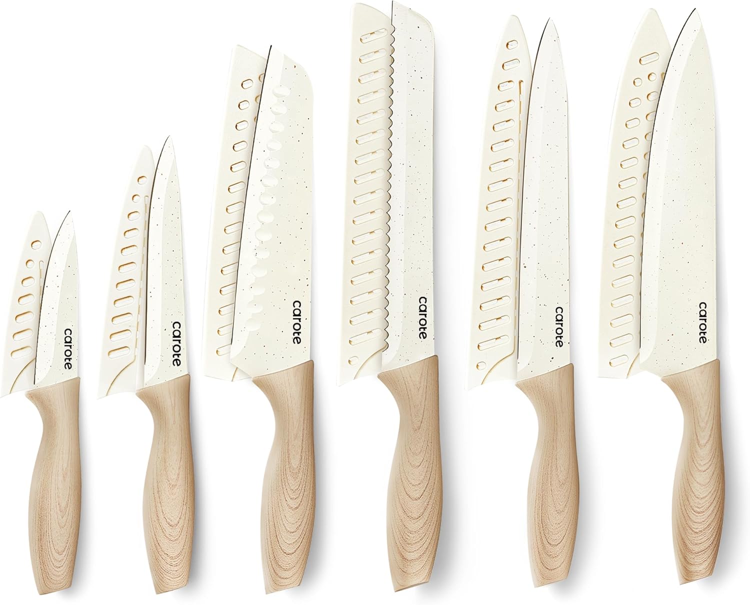 CAROTE 12PCS Knife set with Blade Guards,Granite Nonstick Ceramic Coating,Stainless Steel blade, Wooden Handle, Essential knife set,White-0