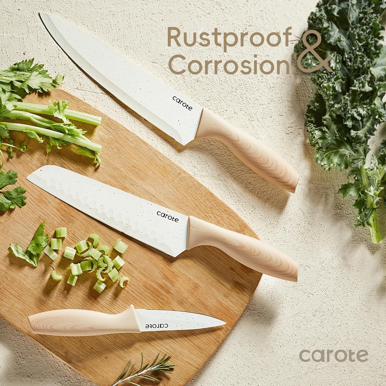 CAROTE 12PCS Knife set with Blade Guards,Granite Nonstick Ceramic Coating,Stainless Steel blade, Wooden Handle, Essential knife set,White-3