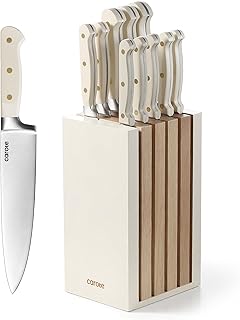 CAROTE 11PCS Knife Set with Block for kitchen, Stainless Steel Razor-Sharp Blade, Triple Riveted Ergonomic Handle,Essential Knife Set, Beige