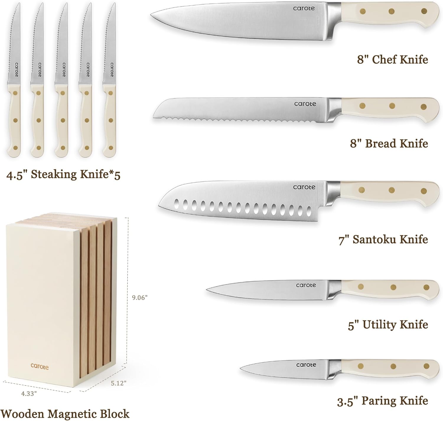 CAROTE 11PCS Knife Set with Block for kitchen, Stainless Steel Razor-Sharp Blade, Triple Riveted Ergonomic Handle,Essential Knife Set, Beige-1