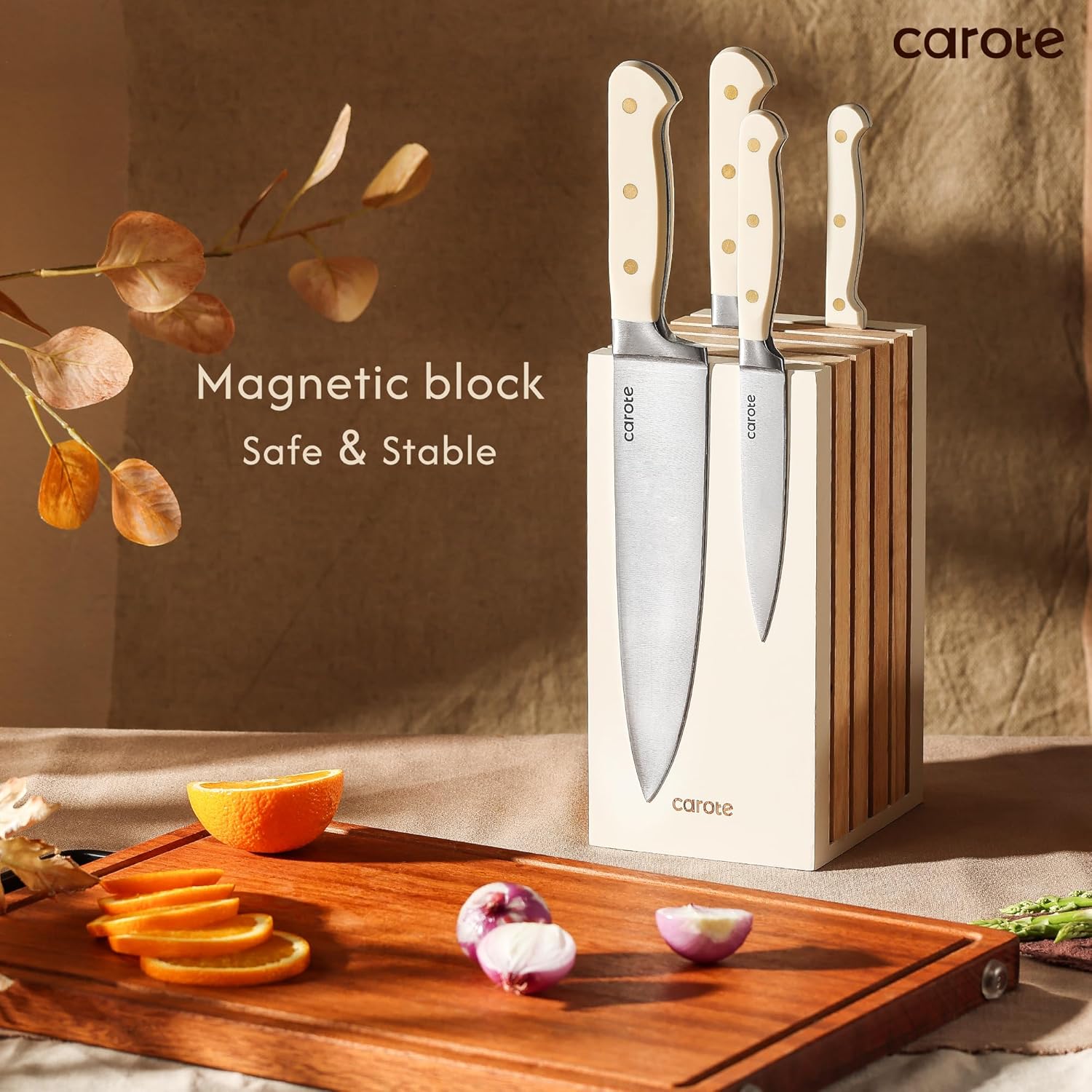 CAROTE 11PCS Knife Set with Block for kitchen, Stainless Steel Razor-Sharp Blade, Triple Riveted Ergonomic Handle,Essential Knife Set, Beige-4