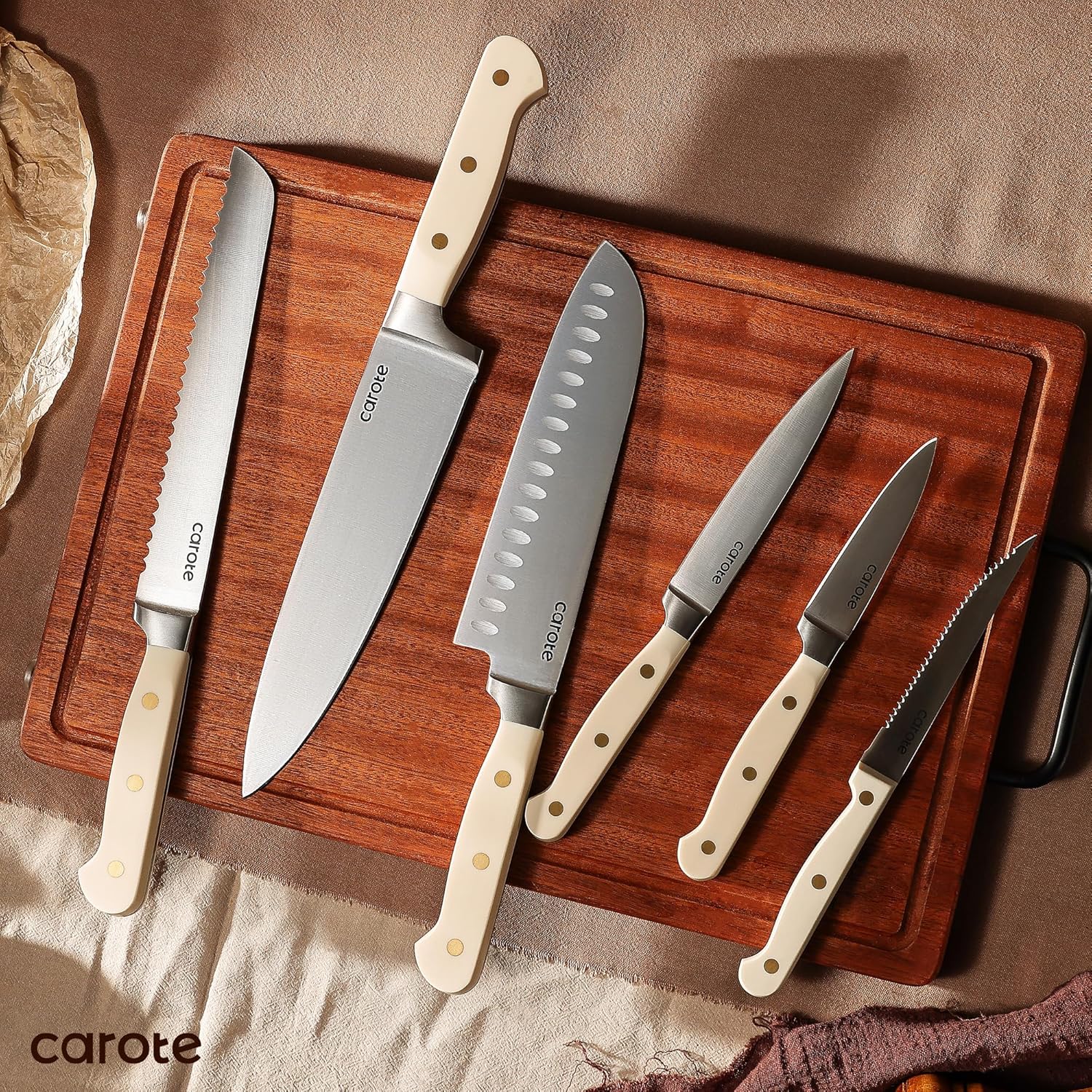 CAROTE 11PCS Knife Set with Block for kitchen, Stainless Steel Razor-Sharp Blade, Triple Riveted Ergonomic Handle,Essential Knife Set, Beige-6