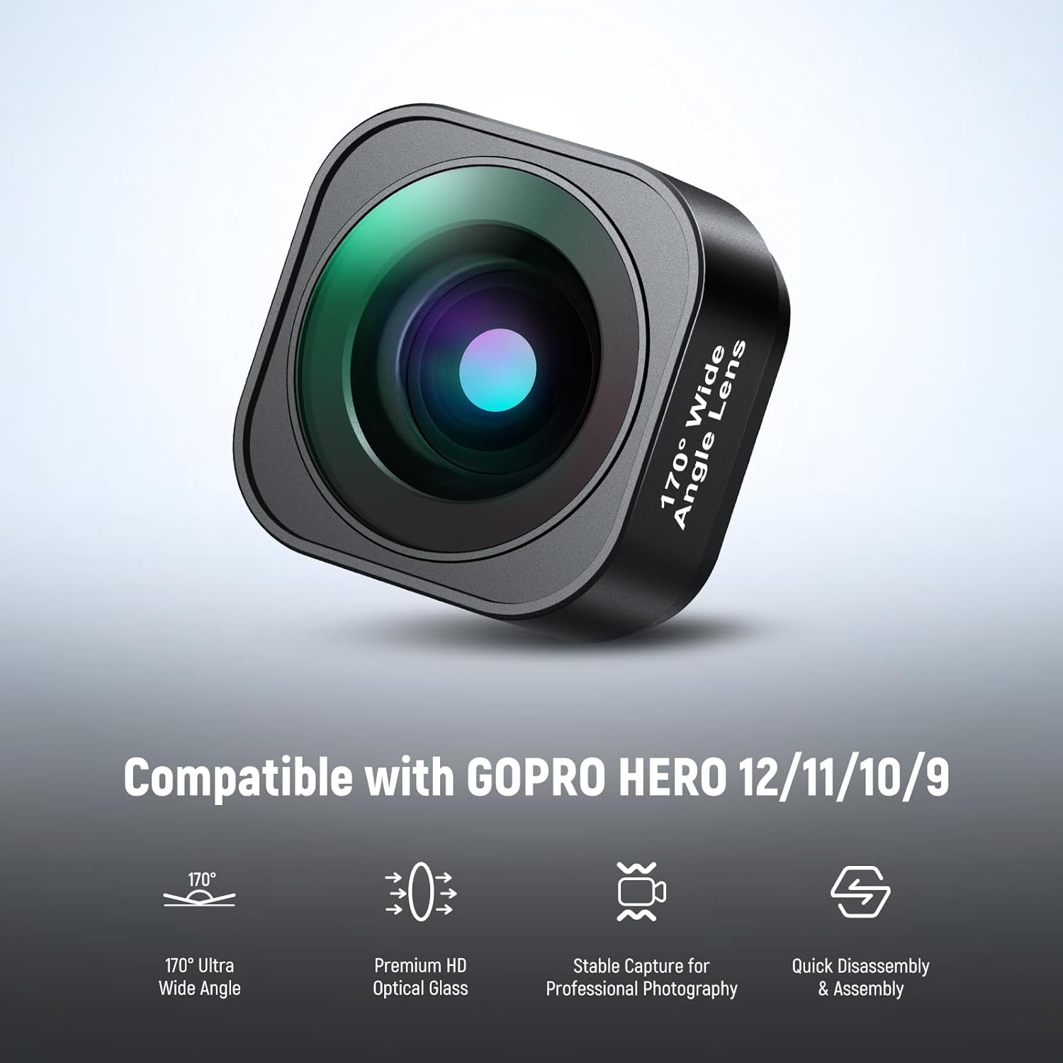 NEEWER 170° Ultra Wide Angle Lens Compatible with GoPro Hero 12 Hero 11 Hero 10 Hero 9 Black Action Camera Lens Accessories, Anti Reflective Multi Coated HD Optical Glass, Aluminum Frame, LS-37-1