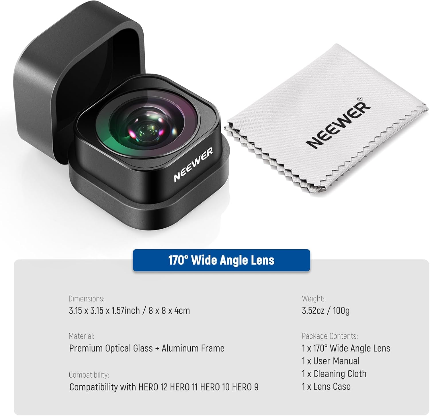 NEEWER 170° Ultra Wide Angle Lens Compatible with GoPro Hero 12 Hero 11 Hero 10 Hero 9 Black Action Camera Lens Accessories, Anti Reflective Multi Coated HD Optical Glass, Aluminum Frame, LS-37-7