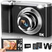 5K Digital Camera 2024 Upgraded 10X Optical Vlogging Camera with Front and Rear Lens, 56MP AutoFocus Cameras for Photography, Touch Screen, Flash, Compact Travel Camera with 64GB Card, 2 Batteries