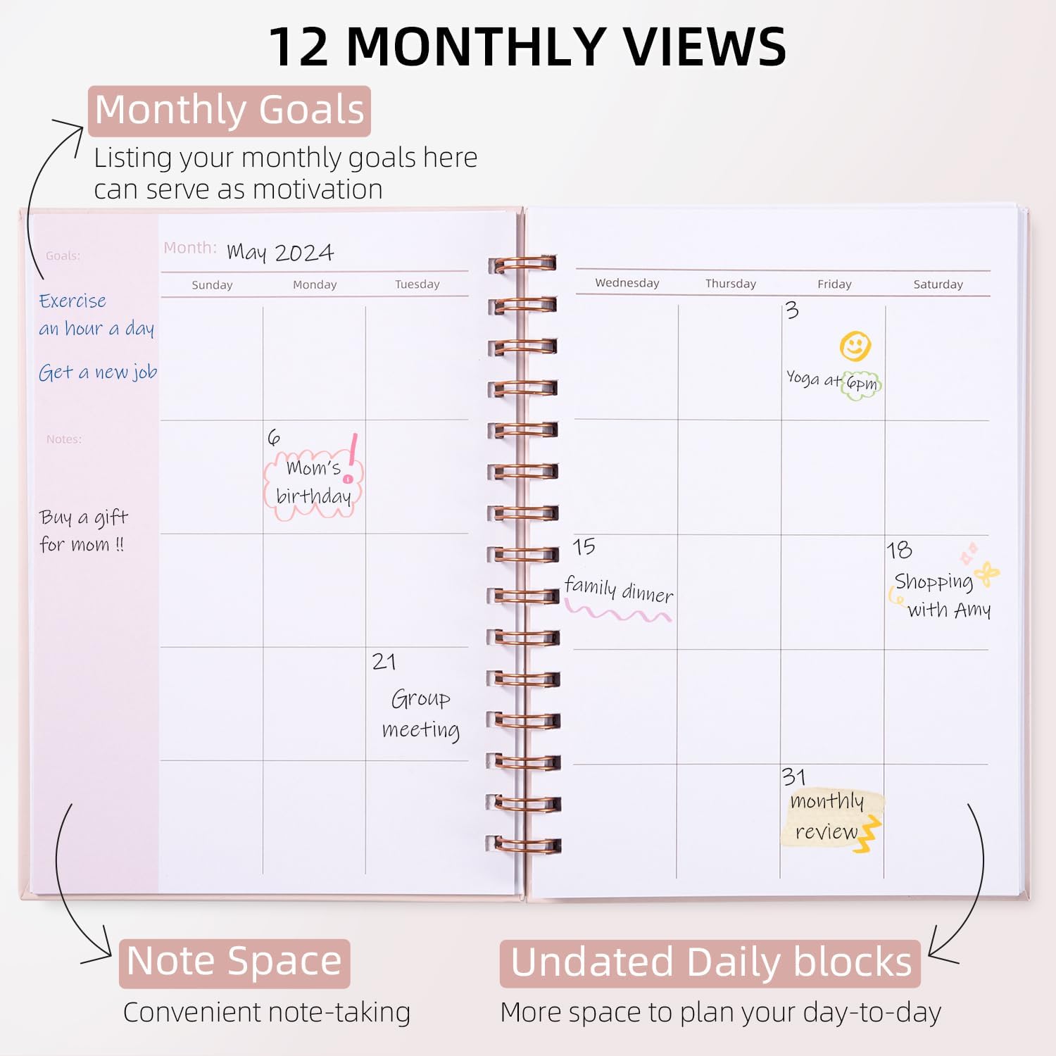 Undated Weekly and Monthly Planner Spiral Bound- Weekly Goals Planner Notebook, Weekly To Do List, Habit Tracker Journal, Academic, Aesthetic, Stylish School or Office Supplies (6.1" x 8.4" - Pink)-1