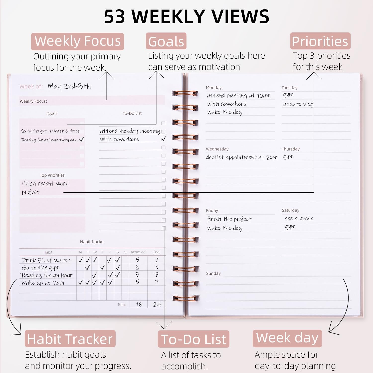 Undated Weekly and Monthly Planner Spiral Bound- Weekly Goals Planner Notebook, Weekly To Do List, Habit Tracker Journal, Academic, Aesthetic, Stylish School or Office Supplies (6.1" x 8.4" - Pink)-2