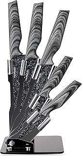 Kitchen Knife Block Set - Granite 5 Piece Knives Set with Clear Acrylic Block - Wood Affect Handle - Stainless Steel Blades - by Nuovva