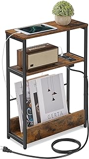 VASAGLE Side Table with Charging Station, Narrow End Table, 3-Tier Nightstand, Sofa Table for Small Spaces, Magazine Rack, for Living Room, Bedroom, Study, Rustic Brown and Ink Black ULET335K01