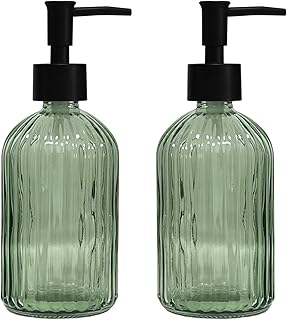 Green Glass Soap Dispenser Set with Black Pump, 13.5oz Refillable Liquid Hand Soap Dispenser, Lotion Dish Soap Dispenser for Modern Home Decor, Bathroom, Kitchen Countertop, Hotel(2 Pack)